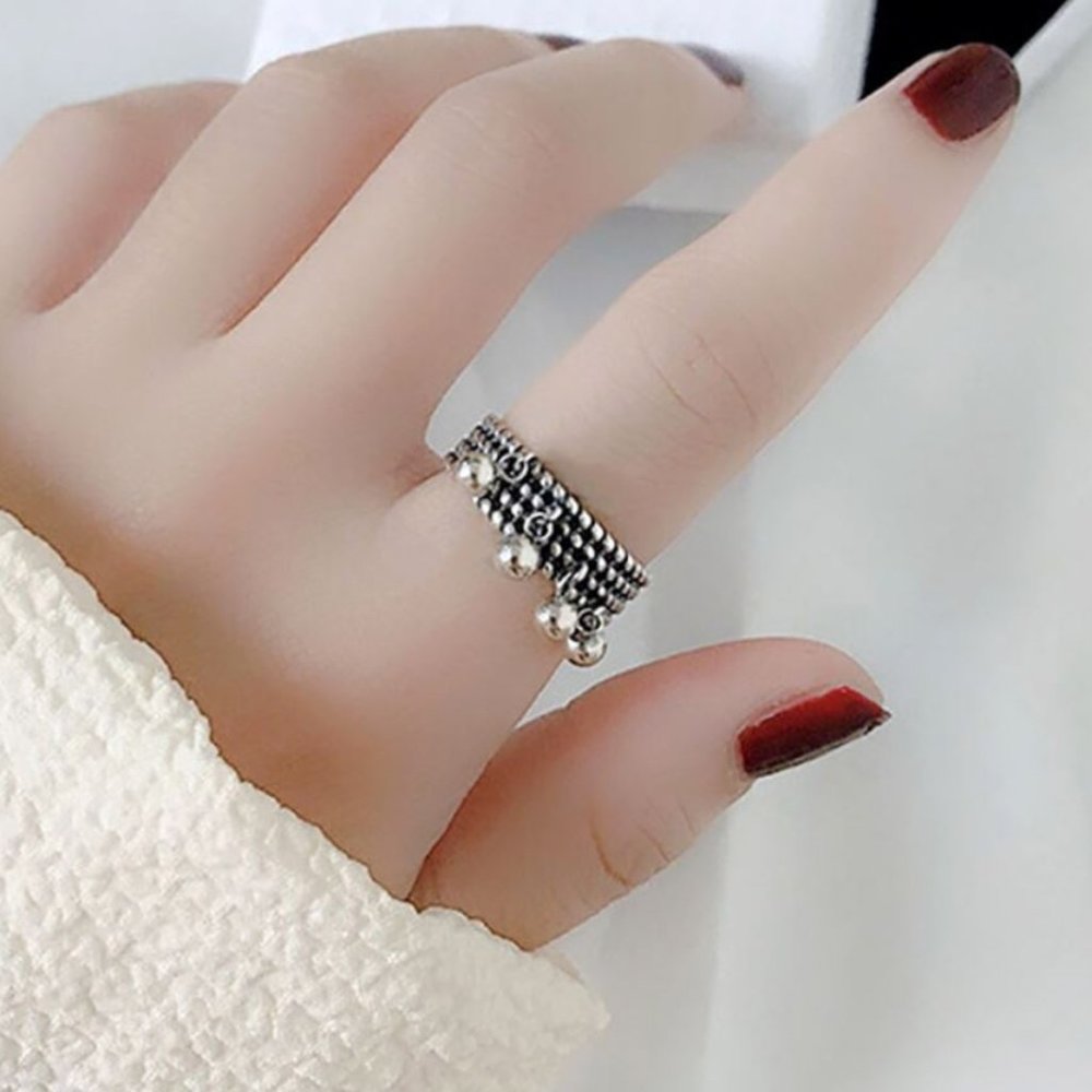 Minimalist 925 Sterling Silver Chunky Dangle Ball Ring Geometric Chain Link Ring - Picture 5 of 6